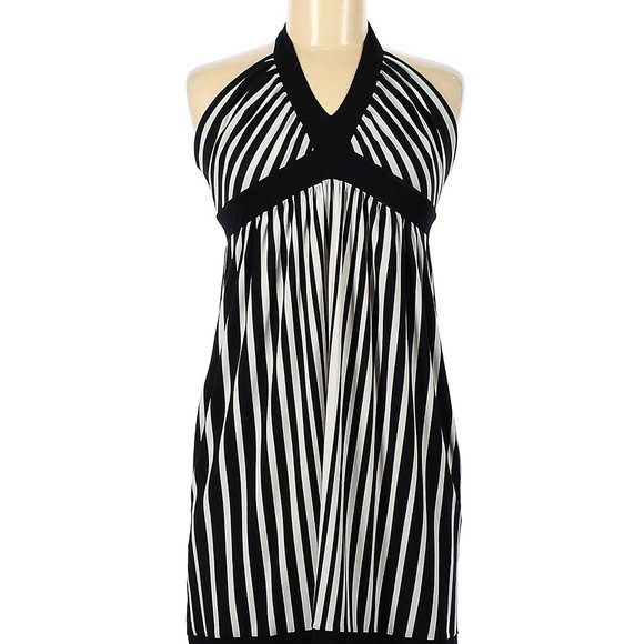 BCBGMAXAZRIA Dress Sleeveless V-neck Ruched Black White Sz M #268 - Picture 1 of 4